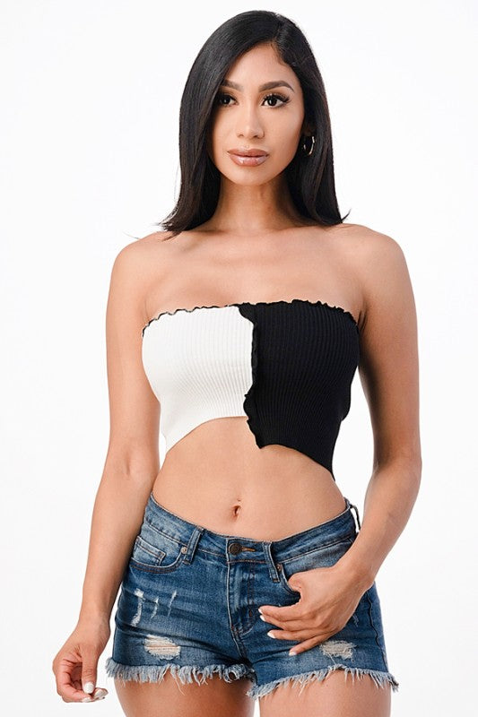 Asymmetric Contrast lettuce edge knit crop top