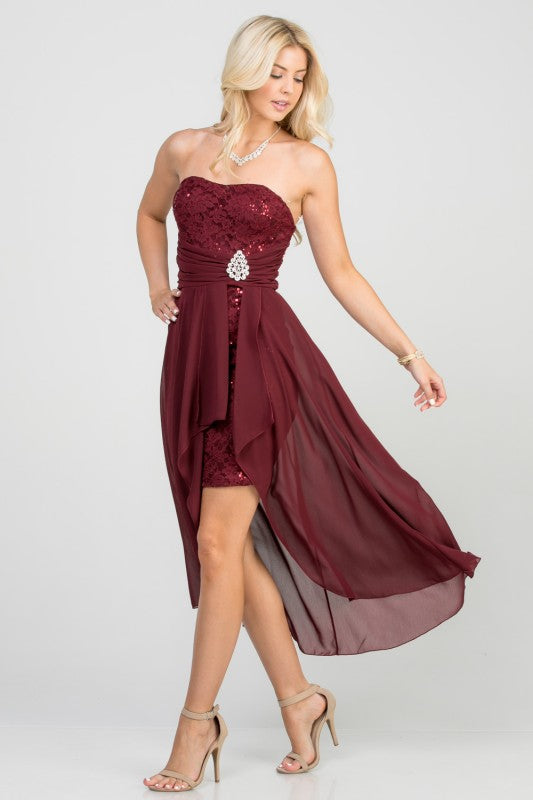 Open back Lace and chiffon surplus dress with waist brooch