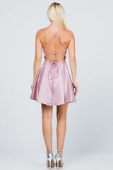 Satin like fit and flare dress with back crisscross spaghetti