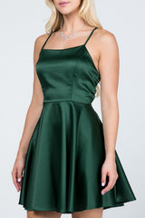 Satin like fit and flare dress with back crisscross spaghetti