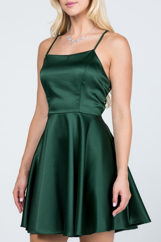 Satin like fit and flare dress with back crisscross spaghetti