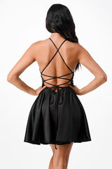 Satin like fit and flare dress with back crisscross spaghetti