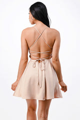 Satin like fit and flare dress with back crisscross spaghetti