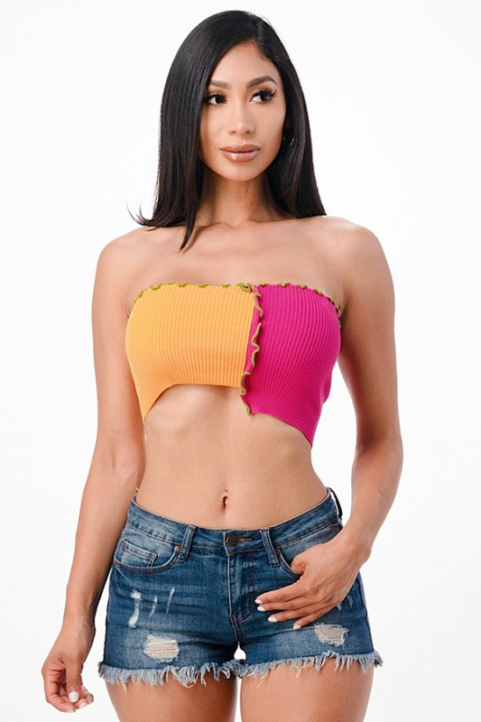 Asymmetric Contrast lettuce edge knit crop top