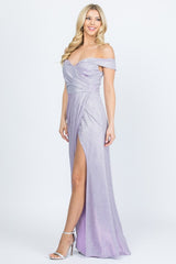 Off the shoulder glittery jacquard gathered gown