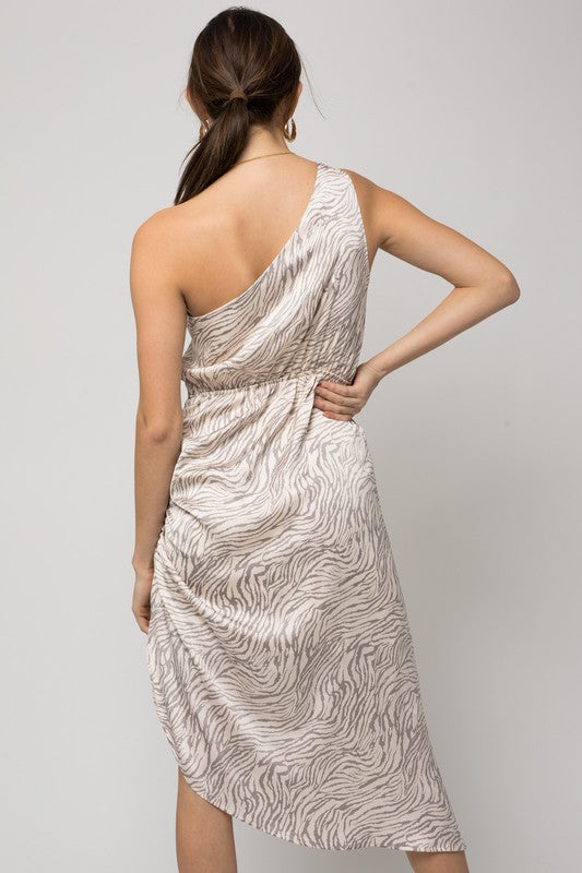 Sleeveless One Shoulder Abstract Print Dress