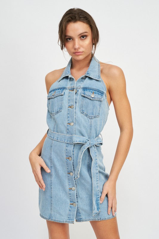 BUTTON DOWN DENIM MINI DRESS WITH BELT