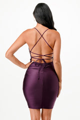 Back Lace Up Short Dress with Waist Shirring