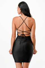 Back Lace Up Short Dress with Waist Shirring