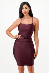 Back Lace Up Short Dress with Waist Shirring