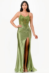 Sequin lace satin front twist long dress
