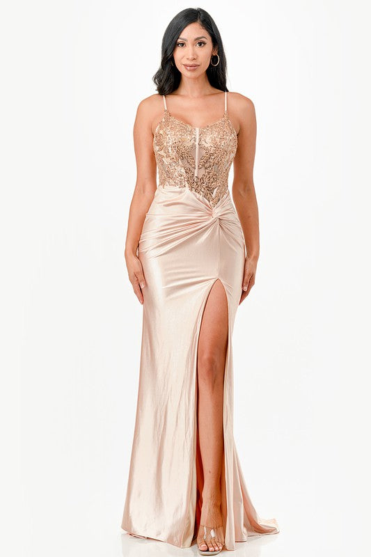 Sequin lace satin front twist long dress