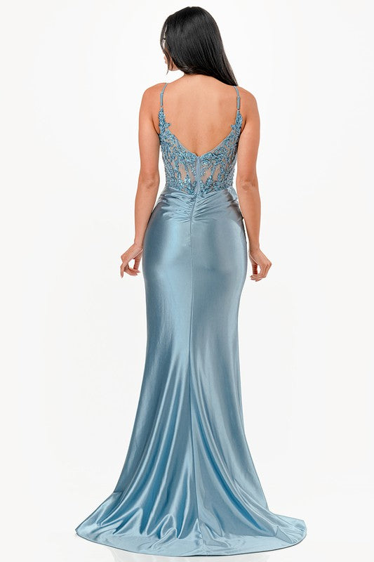 Sequin lace satin front twist long dress