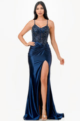 Sequin lace satin front twist long dress