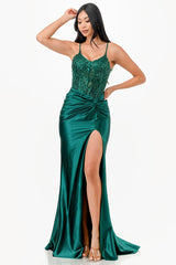 Sequin lace satin front twist long dress
