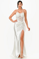 Sequin lace satin front twist long dress