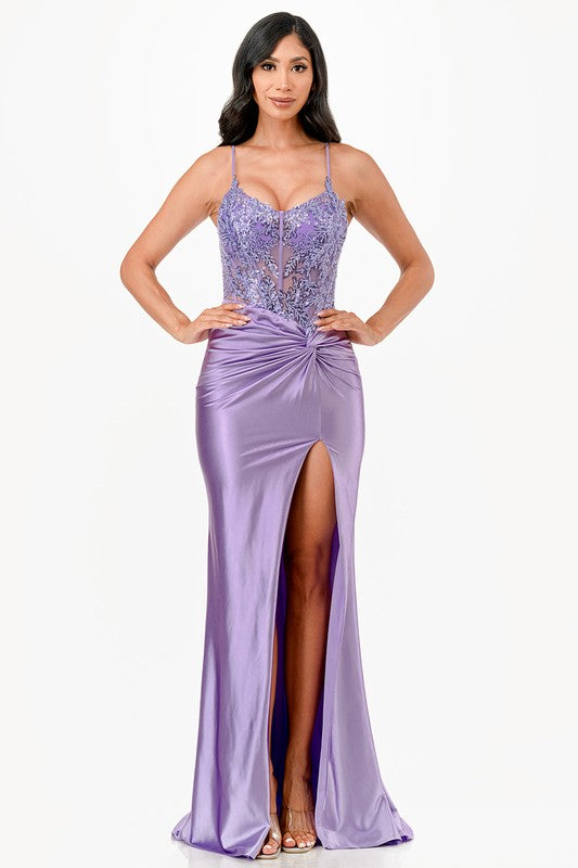 Sequin lace satin front twist long dress