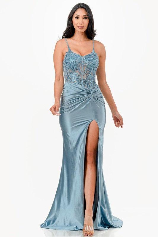 Sequin lace satin front twist long dress