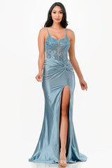 Sequin lace satin front twist long dress