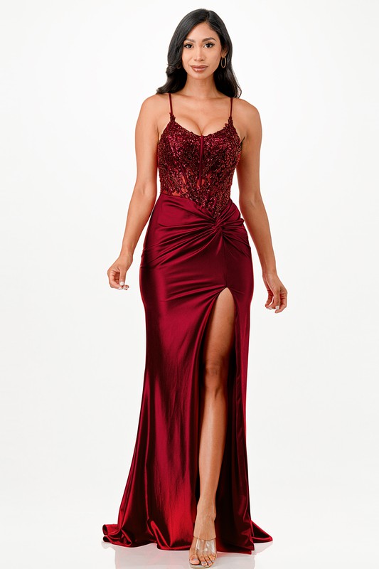 Sequin lace satin front twist long dress