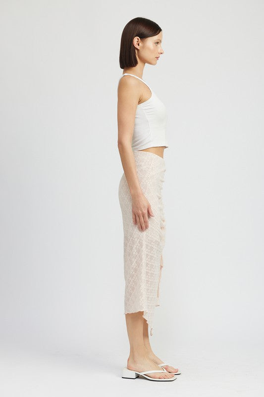 Ruched Lace Skirt with High Slit