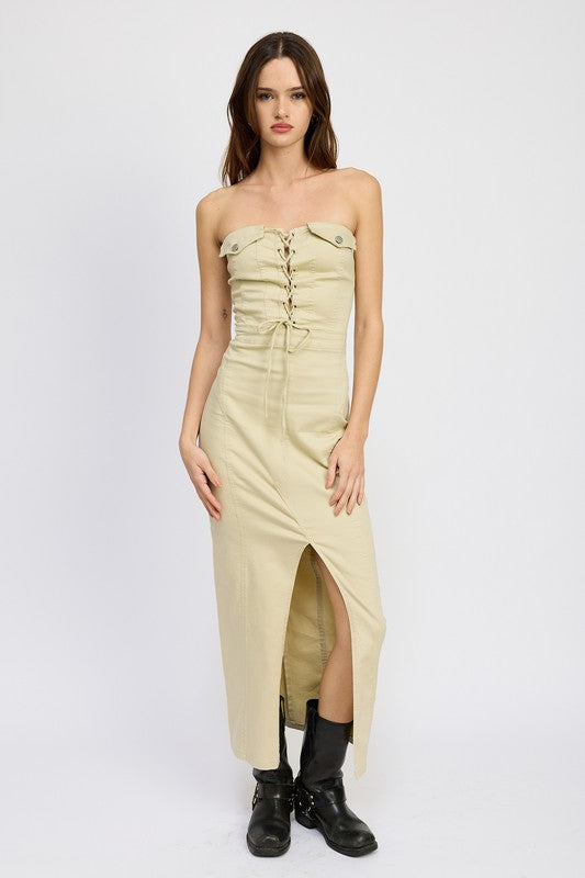 Lace Up Corset Dress with Front Slit