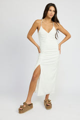 Ruched Satin Dress with Crossed Back