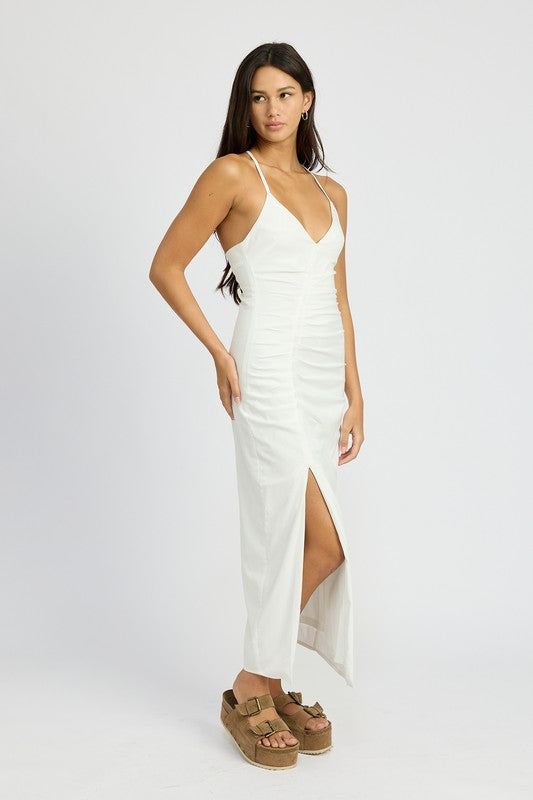 Ruched Satin Dress with Crossed Back