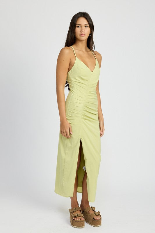 Ruched Satin Dress with Crossed Back