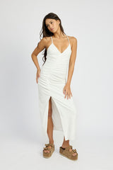 Ruched Satin Dress with Crossed Back