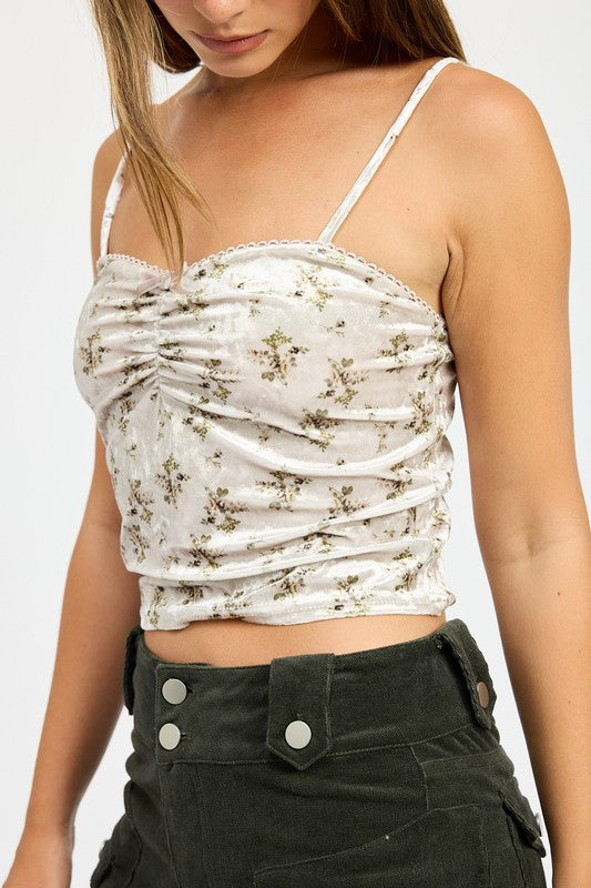 Velvet Ruched Top with Lace Detail