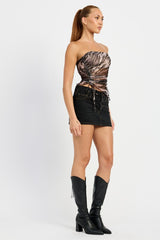 Printed Ruched Strapless Top
