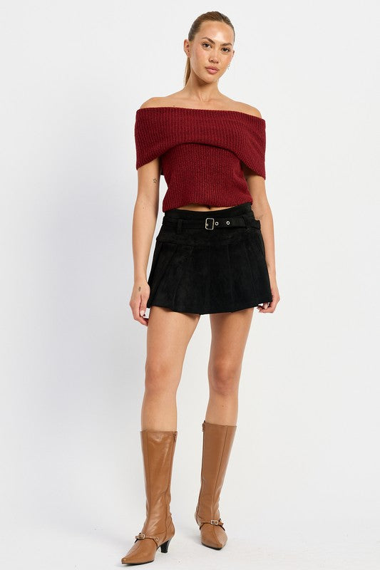 Pleated Suede Skort with Belt
