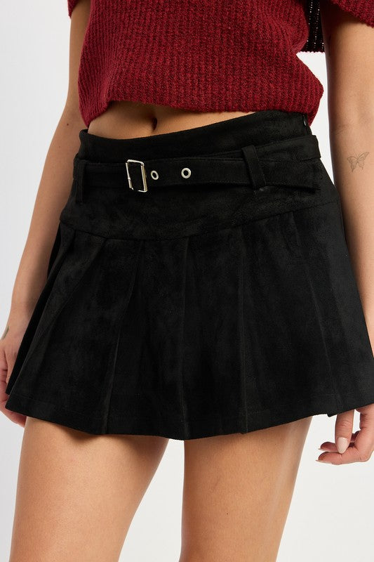 Pleated Suede Skort with Belt