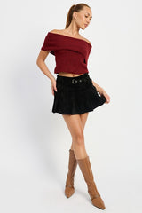 Pleated Suede Skort with Belt