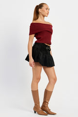 Pleated Suede Skort with Belt
