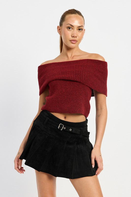 Pleated Suede Skort with Belt