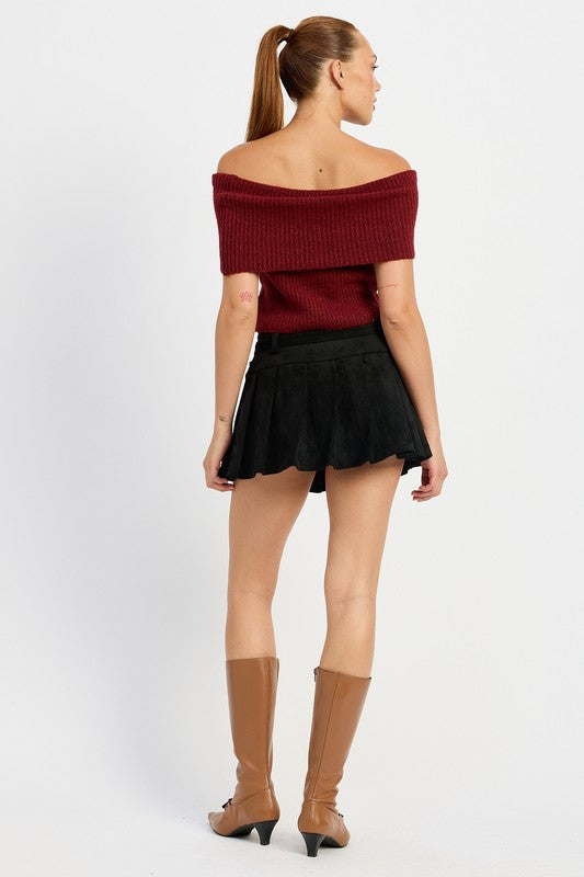 Pleated Suede Skort with Belt