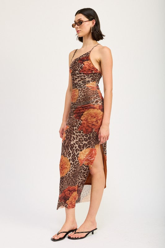 Mesh Printed One Shoulder Maxi Dress