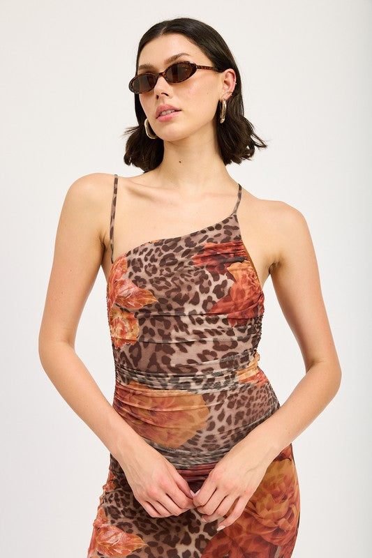 Mesh Printed One Shoulder Maxi Dress