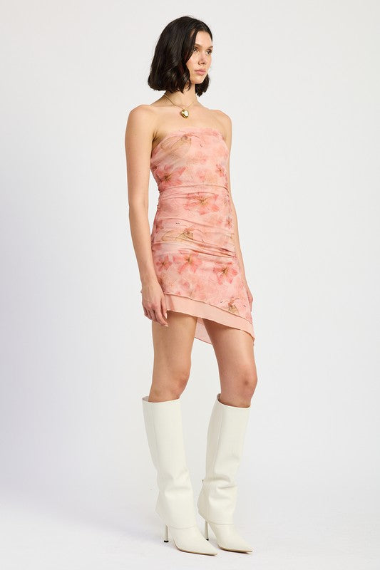 Floral Asymmetrical Strapless Mini Skirt