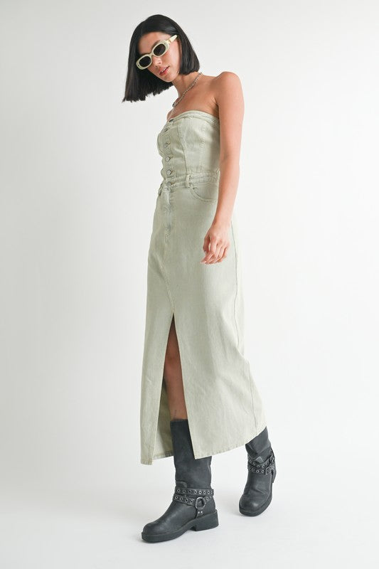 Button Up Tube Denim Dress with Slit