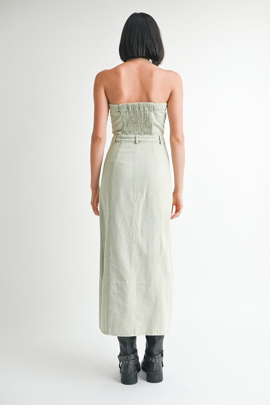 Button Up Tube Denim Dress with Slit