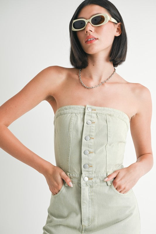 Button Up Tube Denim Dress with Slit