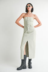 Button Up Tube Denim Dress with Slit