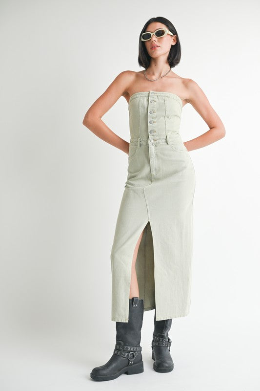 Button Up Tube Denim Dress with Slit