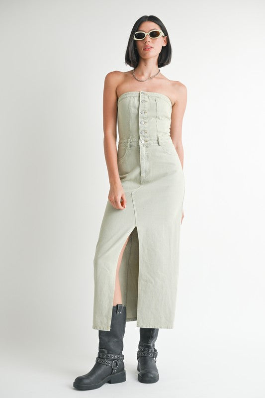 Button Up Tube Denim Dress with Slit