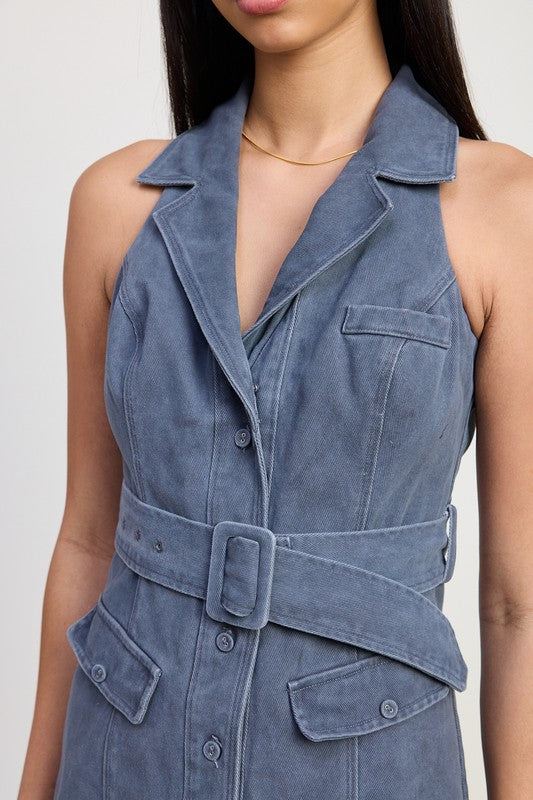Mini Halter Collared Sleeveless Dress