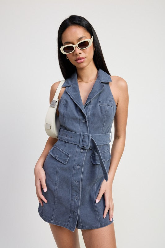 Mini Halter Collared Sleeveless Dress