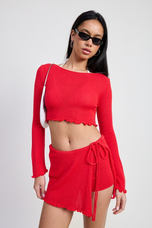 Long Sleeve Boat Neck Cropped Top